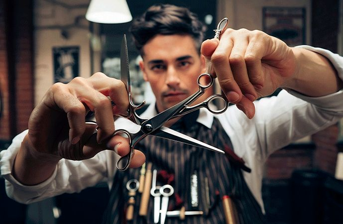 Barbeiro segurando tesouras de corte e de barba
